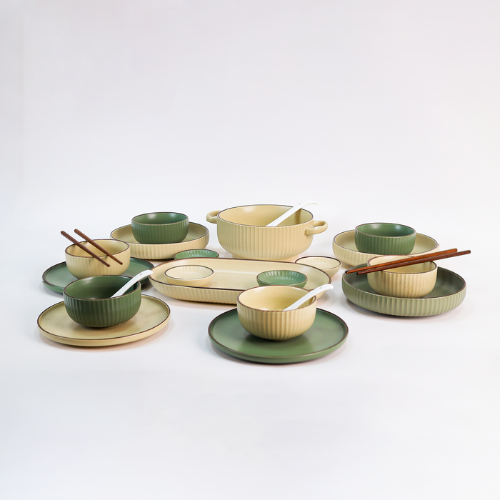 Chinese Dining Set for 6 — Ribbed Stoneware Tureen, Bowls, Plates & Platter with Chopsticks & Spoons (Green & Cream)