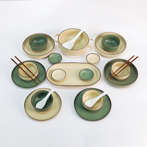 Chinese Dining Set for 6 — Ribbed Stoneware Tureen, Bowls, Plates & Platter with Chopsticks & Spoons (Green & Cream)