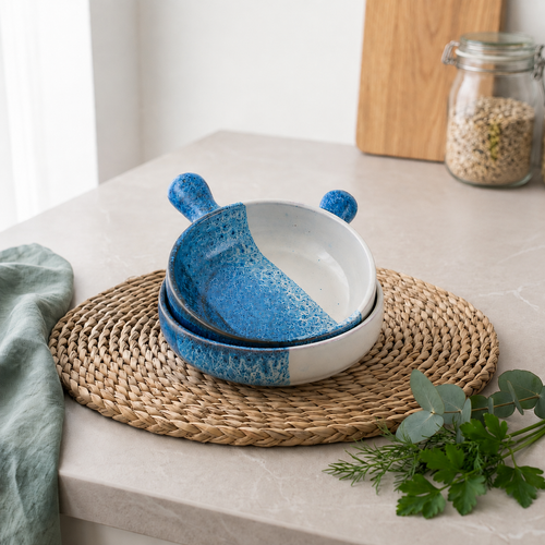 Blue & White Reactive Glaze Ceramic Handled Dishes — Set of 2