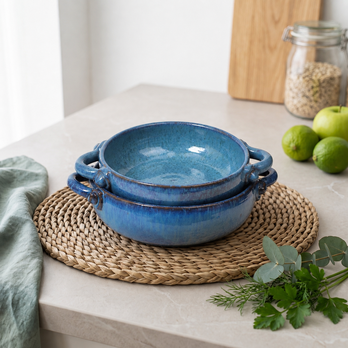 Ocean Blue Reactive Glaze Ceramic Bowls with Handles — Set of 2
