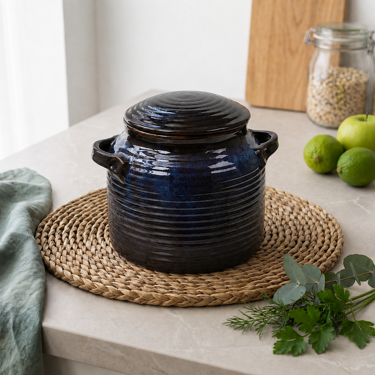 Blue Reactive Glaze Ceramic Lidded Pot with Handles