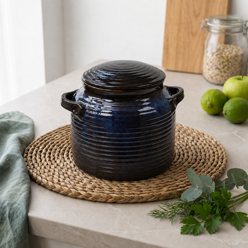 Blue Reactive Glaze Ceramic Lidded Pot with Handles
