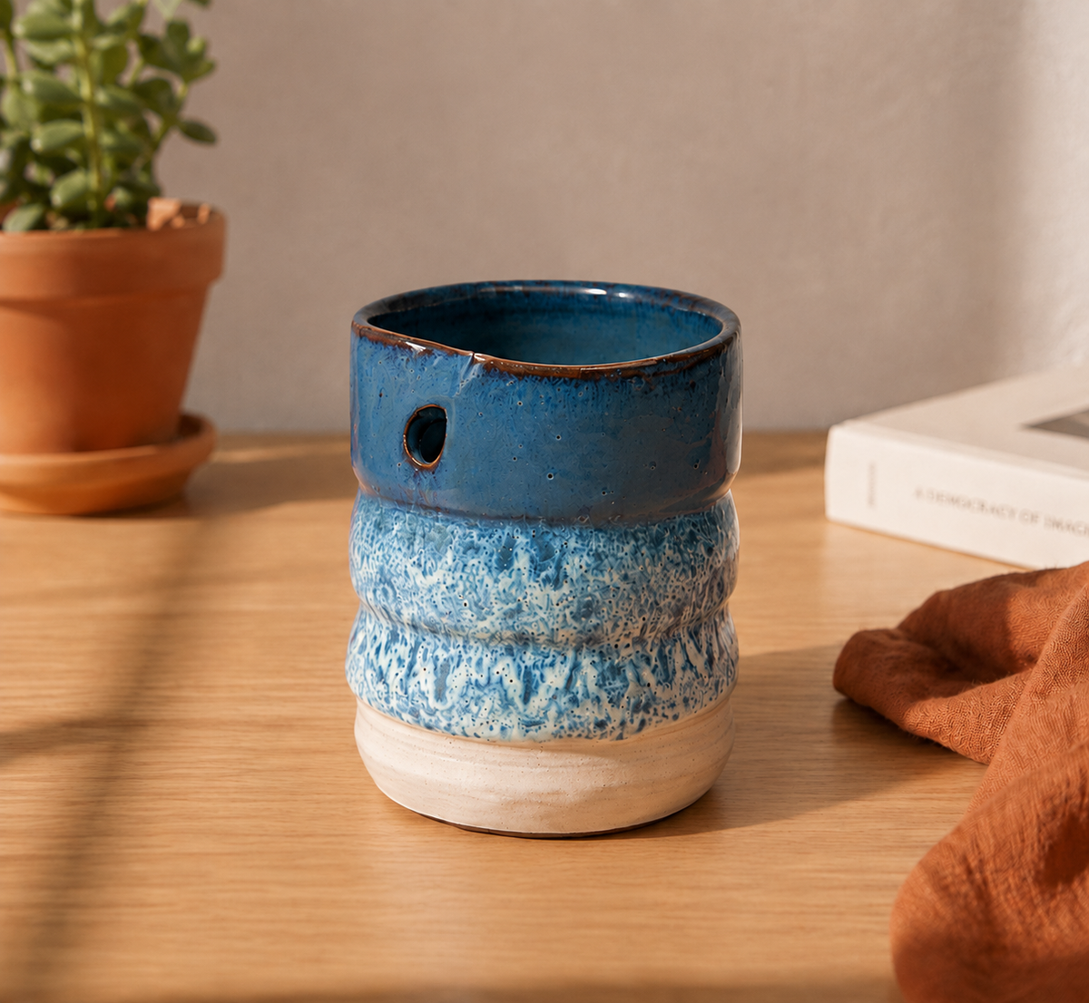 Ocean Blue Ceramic Iced Coffee Tumbler with Straw Opening
