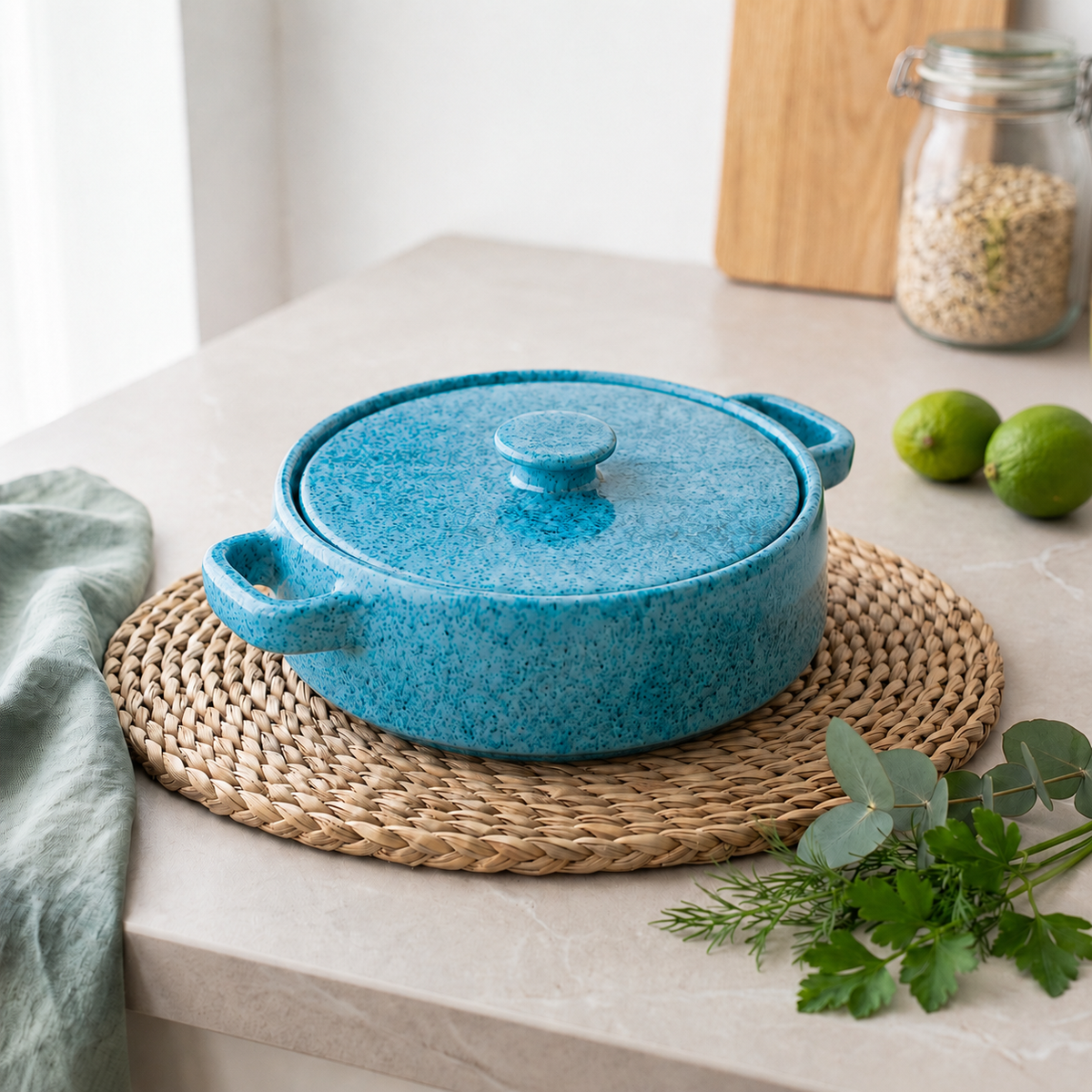 Turquoise Speckled Ceramic Lidded Serving Pot with Handles