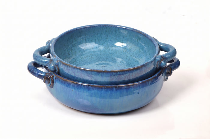 Ocean Blue Reactive Glaze Ceramic Bowls with Handles — Set of 2