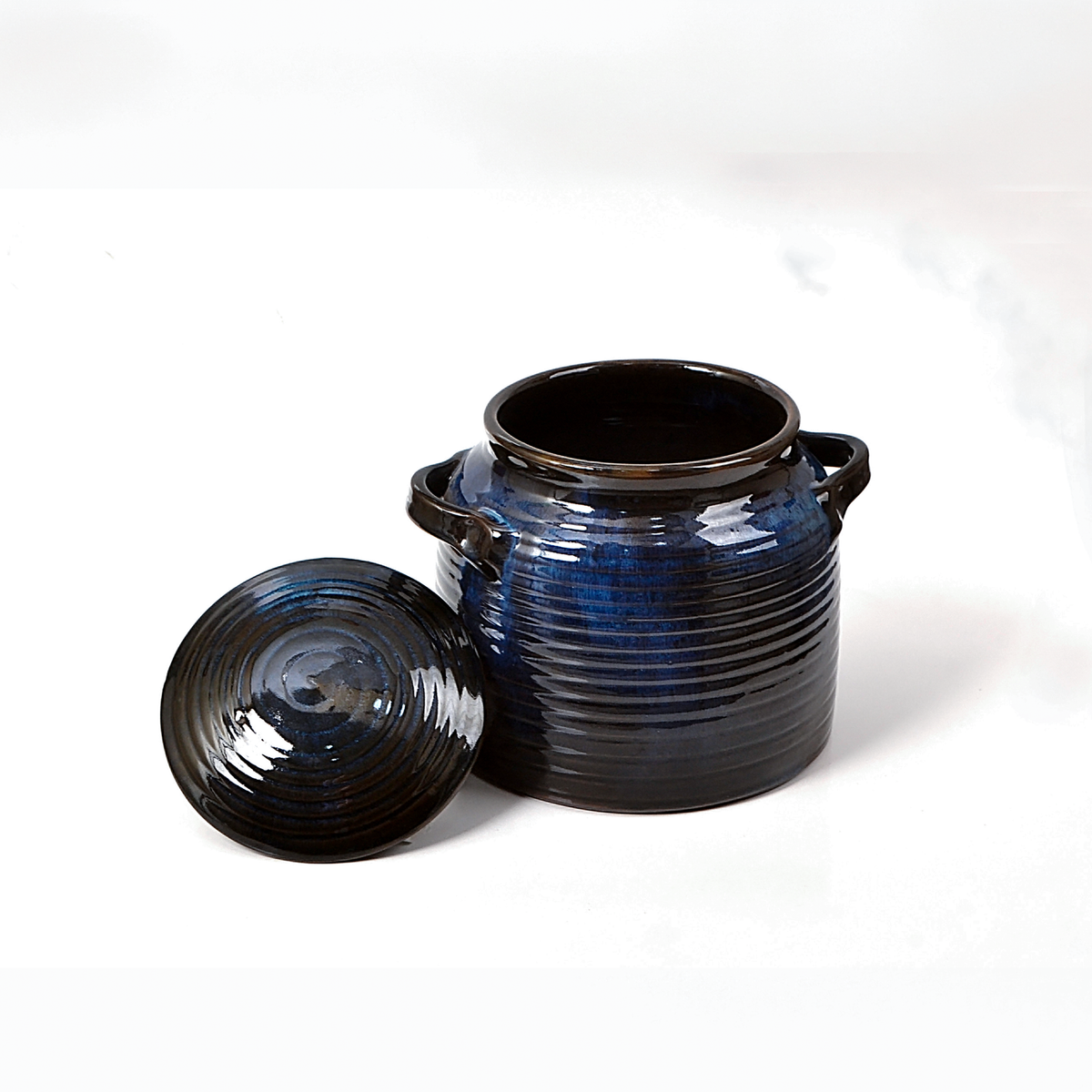 Blue Reactive Glaze Ceramic Lidded Pot with Handles