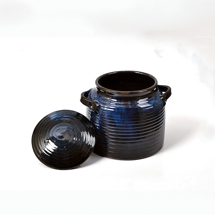 Blue Reactive Glaze Ceramic Lidded Pot with Handles