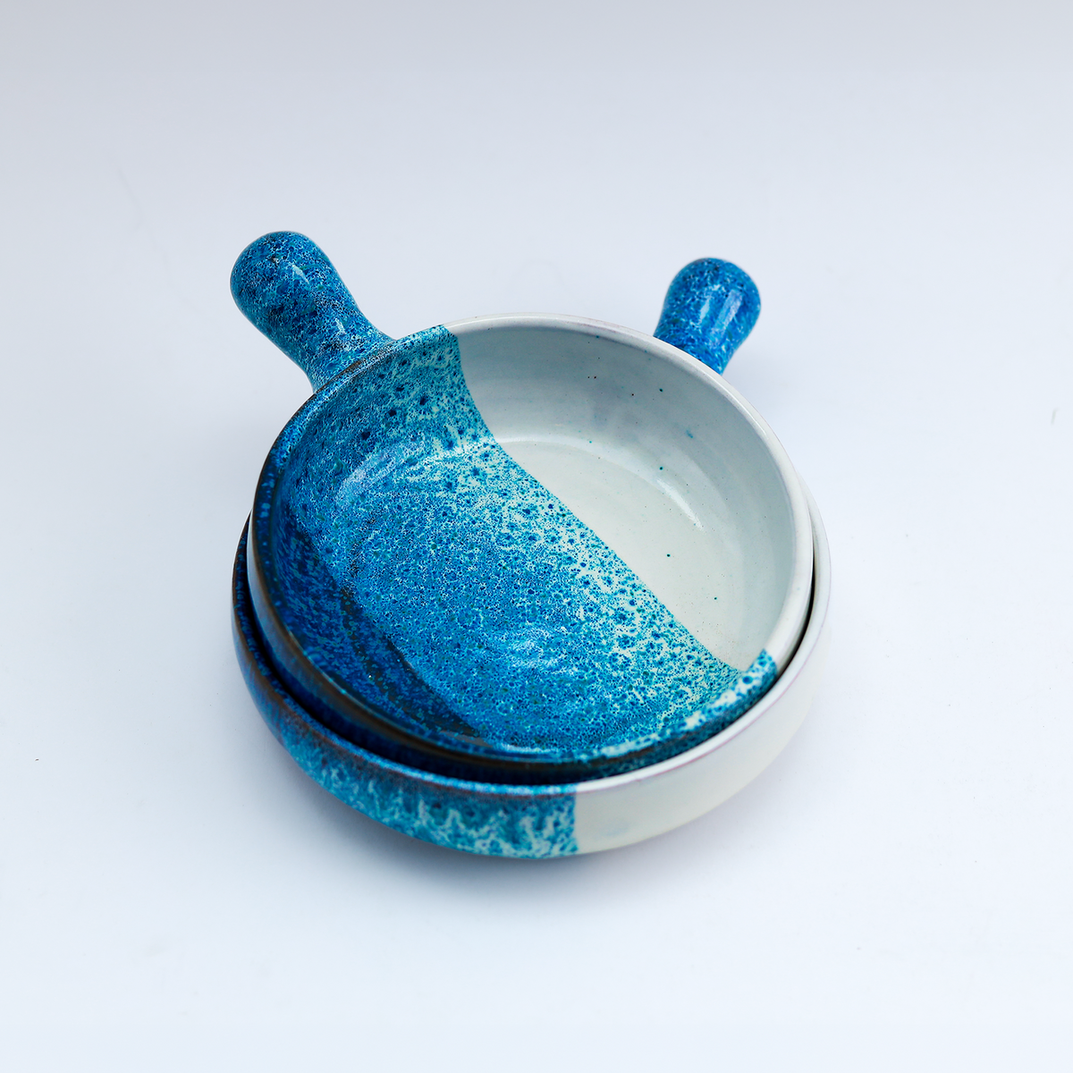 Blue & White Reactive Glaze Ceramic Handled Dishes — Set of 2