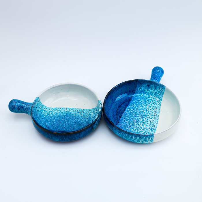 Blue & White Reactive Glaze Ceramic Handled Dishes — Set of 2