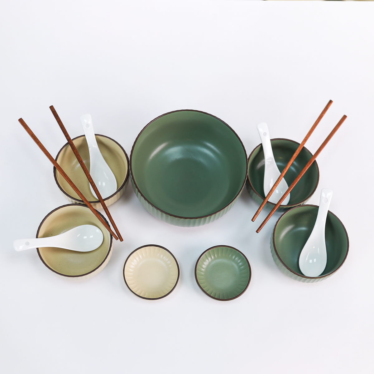 Chinese Dining Set for 4 — Ribbed Stoneware Bowls with Chopsticks & Spoons (Green & Cream)