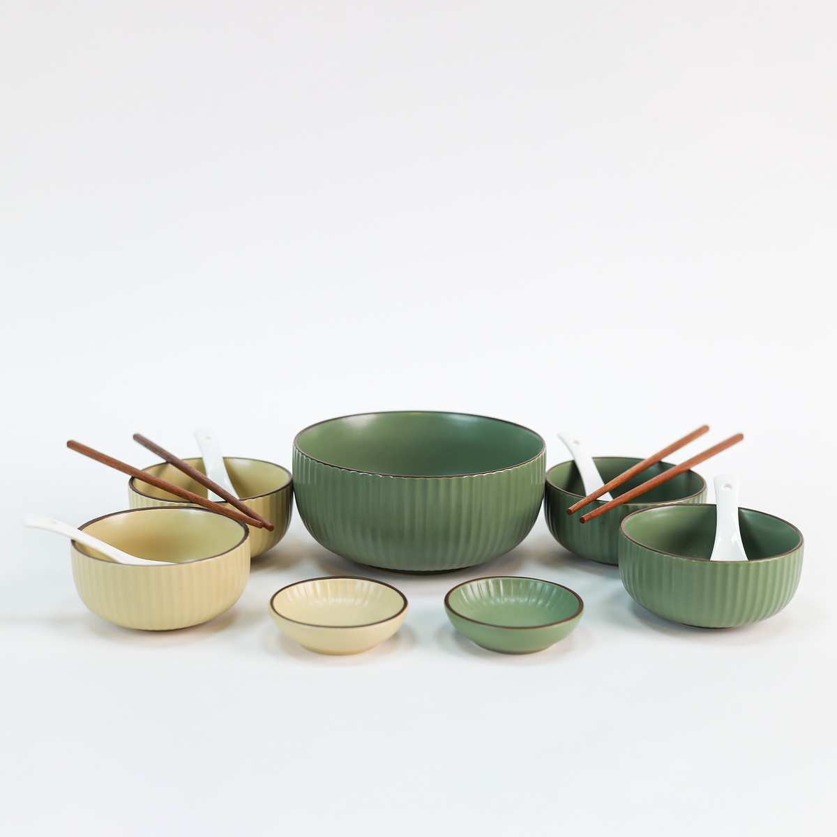 Chinese Dining Set for 4 — Ribbed Stoneware Bowls with Chopsticks & Spoons (Green & Cream)