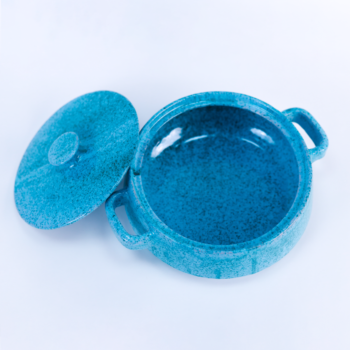 Turquoise Speckled Ceramic Lidded Serving Pot with Handles